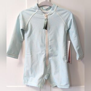 MOTT 50, Mini Taylor, Turquoise Print, long sleeve, sunsuit. 6-12 Months.